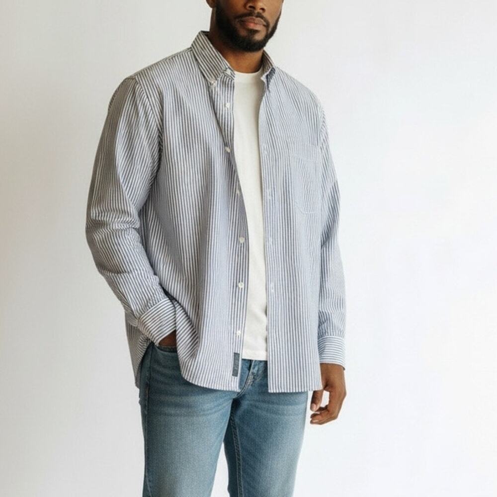 Geoffrey Beene Men's Dress Shirt 16.5 34/35 Blue White Striped Button Down